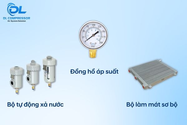 Các thiết bị phụ trợ trong hệ thống khí nén gồm đồng hồ áp suất, bộ lọc và van xả nước