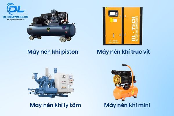 Máy nén khí được phân loại theo nguyên lý hoạt động gồm piston, trục vít, mini và ly tâm